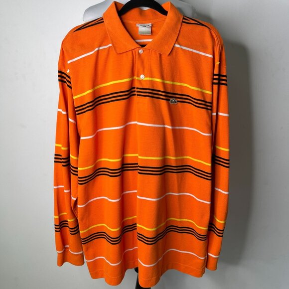 Lacoste Men's Orange White Striped Long Sleeve 100% Cotton Polo Shirt Size 9 - Picture 1 of 11